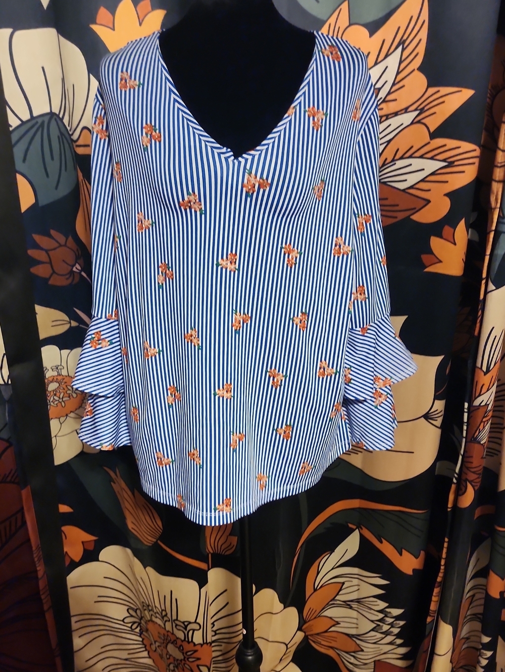 Jules & Leopold Blue and White Striped V-Neck Blouse with Orange Floral Print